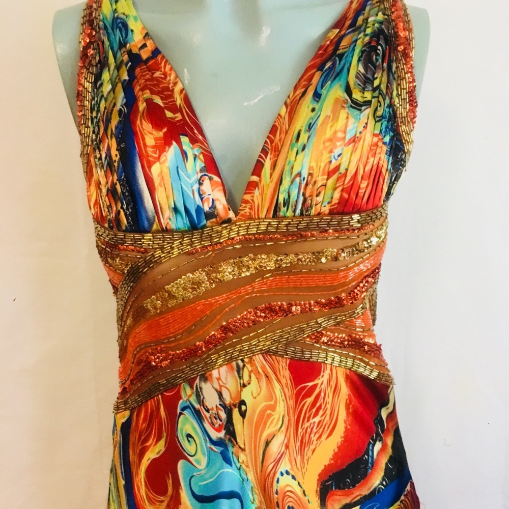 Colorful, floor length, open back dress, orange